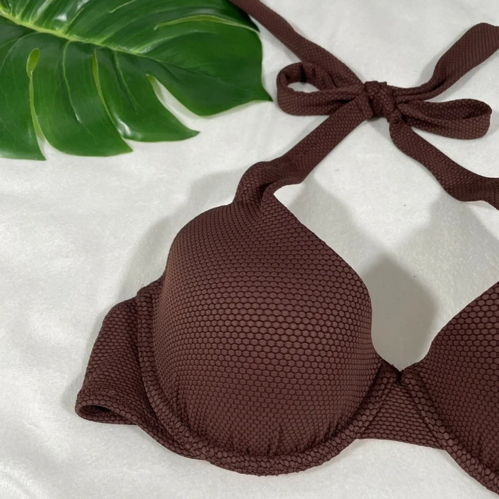 NWT Shade & Shore [ 36B ]‎ Lift Pique Textured Halter Bikini Top Brown